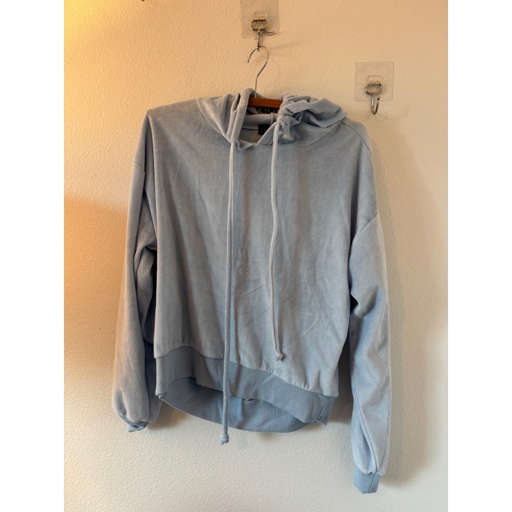 C+P Chuck & Potter Light Blue Velour Hoodie Pullover Sweatshirt L